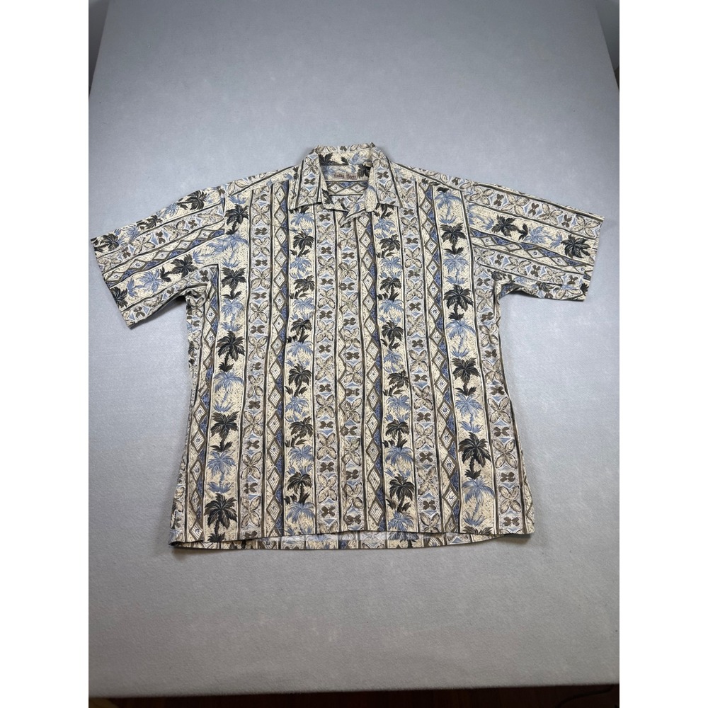 Hollis River Mens Large Cotton Hawaiian Palm Tree Geometric Stripe Button Down